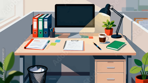 Business desk collection, cartoon hand-drawn vector illustrations, business work scenarios: computers, chairs, documents, stationery, desks