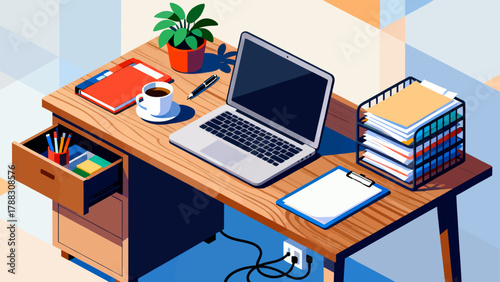 Business desk collection, cartoon hand-drawn vector illustrations, business work scenarios: computers, chairs, documents, stationery, desks