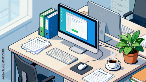 Business desk collection, cartoon hand-drawn vector illustrations, business work scenarios: computers, chairs, documents, stationery, desks