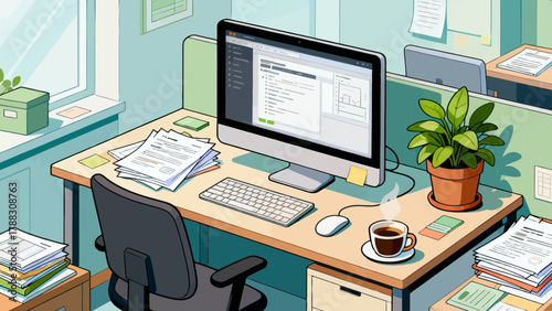 Business desk collection, cartoon hand-drawn vector illustrations, business work scenarios: computers, chairs, documents, stationery, desks