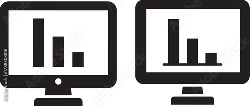 Two computer monitors displaying bar charts silhouette