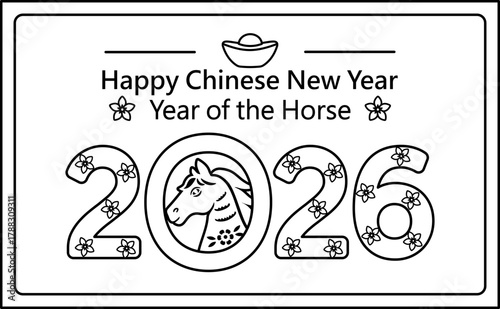 2026 year of the horse coloring pages with template.
Chinese new year paper cut horses  greeting card outline.
Chinese lunar new year kids activities for kids.
White background.