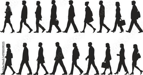 Silhouette of business people walking in professional office attire isolated on white background, men and women vector illustration for corporate design