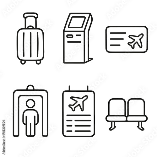 Airport Icons Doodle. Airport Experience outline icons: luggage, check-in kiosk, boarding pass, security gate, departure board, waiting lounge.
