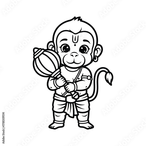 Hanuman vector illustration, cute baby Hanuman with mace, Hindu god character design