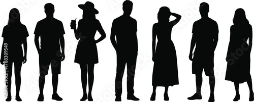 Silhouette of diverse people standing in casual summer clothing isolated on white background, men and women vector illustration for fashion design