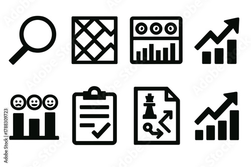 Bold Data Icons. Data-Driven Research silhouette icon set: search lens, pattern graph, metric dashboard, prediction arrow, sentiment chart, survey icon, strategy report, growth