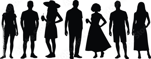 Silhouette of diverse people standing in summer clothes isolated on white background, men and women vector illustration for fashion and lifestyle design