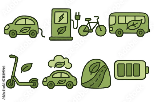 Green Transport Icons. Green Transportation outline icons: electric car, charging station, bicycle icon, bus with leaf, scooter, hybrid vehicle, eco road, battery gauge.