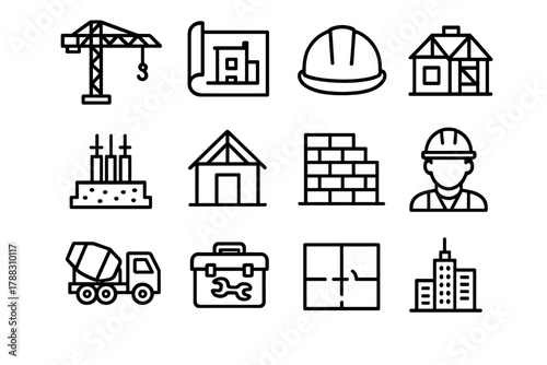 Urban Construction Icons. Urban Construction linear icon set: crane, blueprint, construction helmet, foundation, house frame, brick wall, cement mixer, toolbox, worker icon, safety