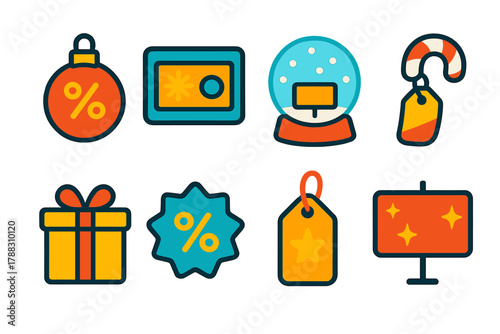 Holiday Sale Icons. Festive Sales flat icons: sale ornament, winter discount card, snow globe offer, candy cane label, holiday gift box, frosty badge, shining price tag, festive ad