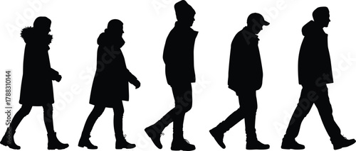 Silhouette of people walking in winter clothes isolated on white background, men and women pedestrians vector illustration for urban fashion design