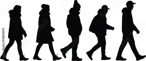 Silhouette of people walking in winter clothes isolated on white background, men and women urban pedestrians vector illustration for design and fashion