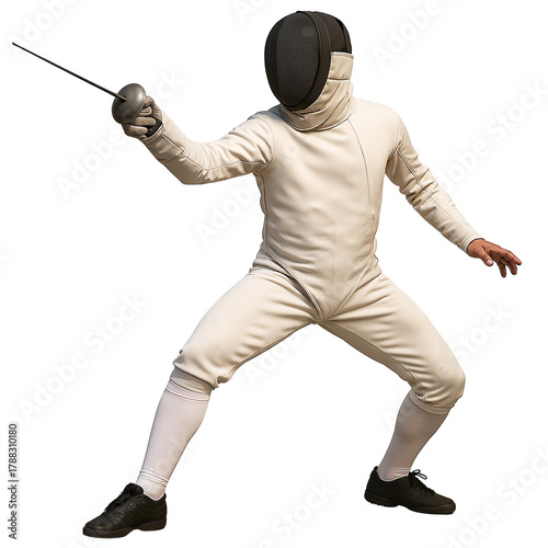 Fencer in protective gear lunging with sword on white background  