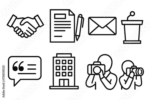 Press Relations Icons. Press Relations linear icon set: handshake, document, pen, envelope, podium, quote bubble, office building, photographer.