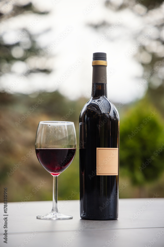 Obraz premium Bottle and glass of red wine on the table. Alcohol drink.