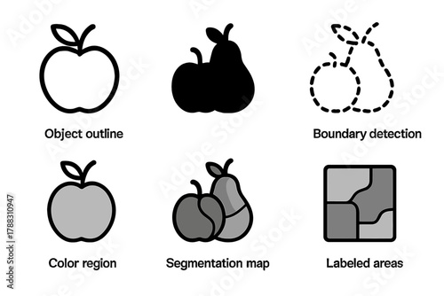 Outline Icon Segmentation. Image Segmentation linear icon set: object outline, pixel mask, color regions, boundary detection, segmentation map, labeled areas.