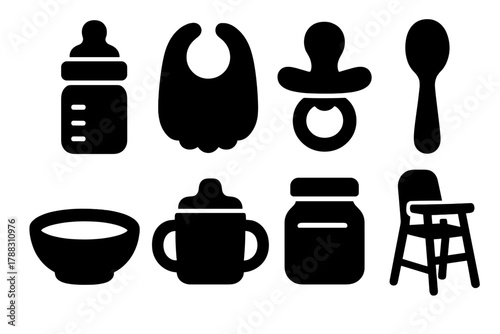 Brutalist Baby Feeding Icons. Baby Feeding Set silhouette icon set: bottle, bib, pacifier, spoon, bowl, sippy cup, baby food jar, high chair.