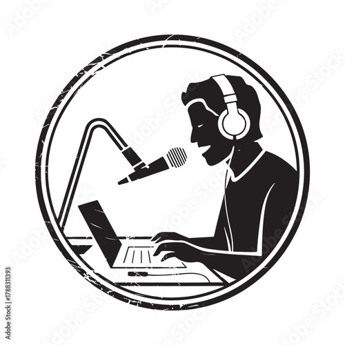 Person recording audio with microphone and laptop inside a circular frame