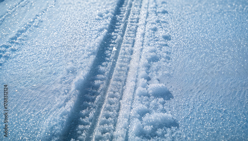 Close-up of car tire tracks in fresh snow. Winter road background with detailed tread pattern. Concept of cold weather, transportation, and safe driving on snowy surfaces.