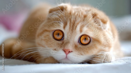 Wallpaper Mural Scottish Fold Cat With Curious Round Face Relaxing on Soft Surface in Clean Pastel Backdrop During Afternoon Light Torontodigital.ca