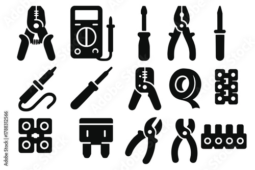 Brutalist Electrical Icons. Electrical Tools Set silhouette icon set: wire stripper, multimeter, screwdriver, pliers, soldering iron, voltage tester, crimping tool, electrical tape