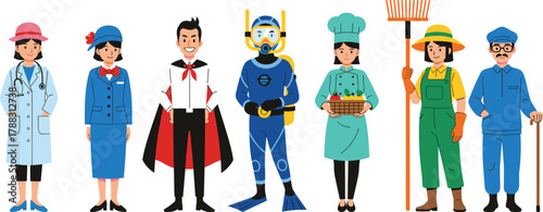 Cartoon Character Set Featuring Diverse Professions Including Doctor, Chef, Gardener, Diver, Vampire, Flight Attendant, and Elderly Man