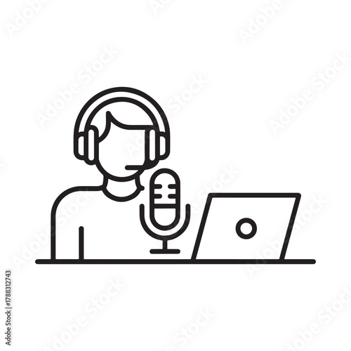 Person with headphones and microphone recording audio with laptop