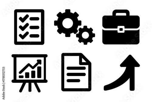 Bold Business Icons. Business execution silhouette icon set: checklist, gears, briefcase, chart board, document, upward arrow.