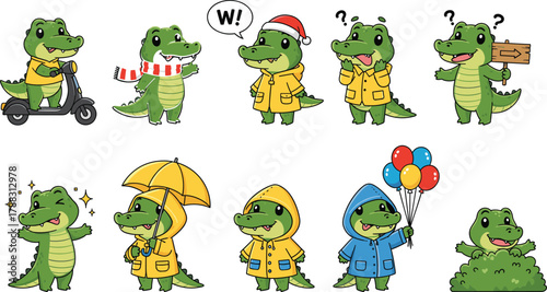 Cartoon green alligator in ten expressive seasonal outfits and poses, character design vector set for storytelling, kids content, education.