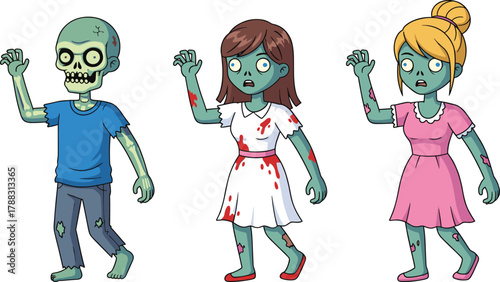 Cartoon Zombie Character Set Featuring Male and Female Designs with Wounds, Poses, and Outfits for Halloween and Vector Illustration Use