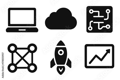 Bold Tech Icons. Technology roadmap silhouette icon set: laptop, cloud, circuit board, data nodes, rocket, chart line.