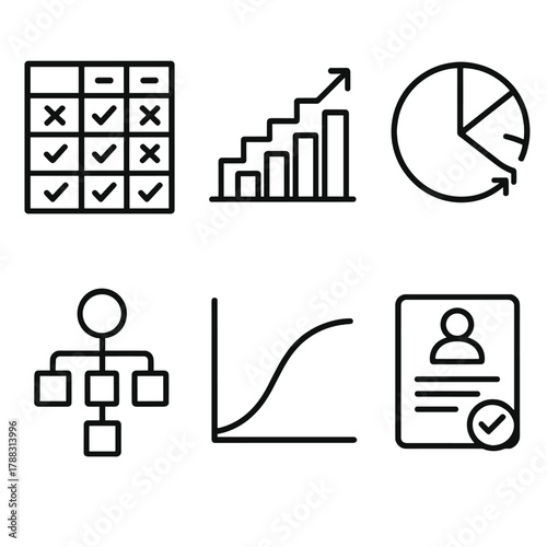 Decision Models Icons. Decision Models linear icon set: decision matrix, scoring chart, probability wheel, weighted criteria, optimization curve, recommendation output.
