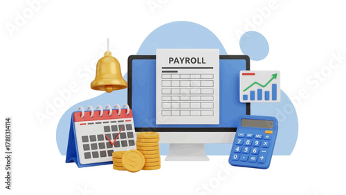 Vector illustration of payroll calculation with calendar, calculator, coins, and bell