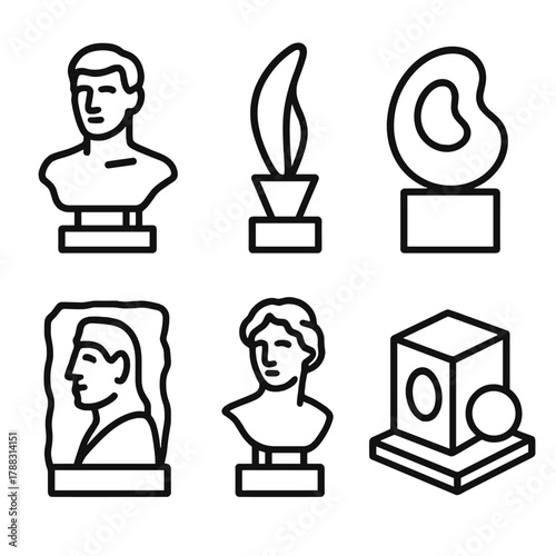 Minimalist Sculpture Exhibit. Sculpture Gallery linear icon set: clay bust, metal form, abstract shape, plinth stand, stone carving, 3D installation.