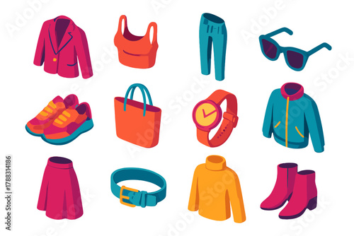 Chic Fashion Icons. Modern Fashion modern flat icons set: blazer, crop top, skinny jeans, sunglasses, sneakers, tote bag, watch, jacket, midi skirt, belt, turtleneck, ankle boots.