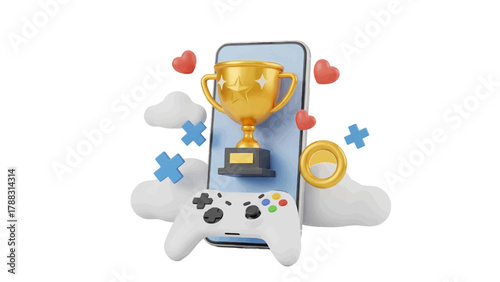 Vector illustration of mobile gaming concept with trophy and controller