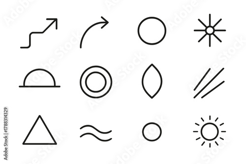 Minimalist Icon Array. Minimal Destiny linear icon set: line path, arrow curve, circle, spark dot, horizon, gradient ring, petal, beam, triangle, wave, dot, glow. , .