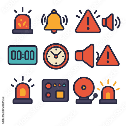 Vibrant Alarm Icons. Alarm Beep flat icons: siren, flashing light, alarm bell, exclamation mark, soundwave, digital timer, clock face, speaker, warning triangle, buzzer, red light,