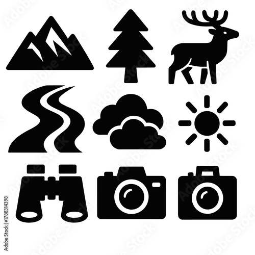 Bold Nature Icons. Nature Photography silhouette icon set: mountain, tree, river, wildlife, sun, clouds, binoculars, camera.