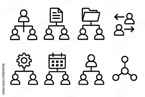 Organizational Structure Icons. Organizational Structure linear icon set: hierarchy chart, people icons, document, folder, arrows, gear, calendar, network nodes.