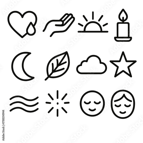 Symbols of Emotional Healing. Emotional Healing linear icon set: heart, tear, open palm, sunrise, candle, moon, leaf, cloud, star, breath wave, light beam, calm face. , .