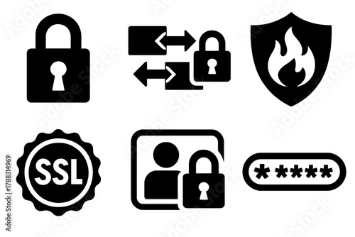 Brutalist Security Icons. Secure APIs silhouette icon set: padlock icon, encrypted data flow, authentication token, firewall shield, SSL badge, access control.