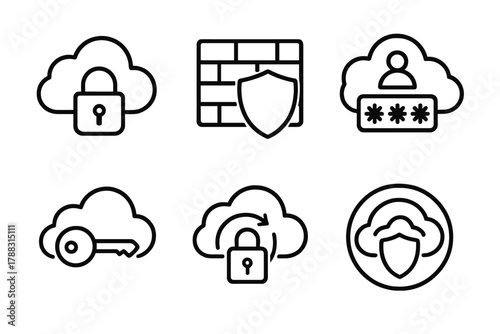 Cloud Security Icons. Cloud Security linear icon set: encrypted cloud, firewall shield, secure login, key authentication, backup lock, protection layer.