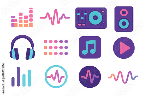 Vibrant Music Icons. Digital Rhythm flat icons: equalizer, waveform, soundwave, DJ mixer, speaker, headphones, rhythm dots, music app icon, play button, volume bar, pulse circle,