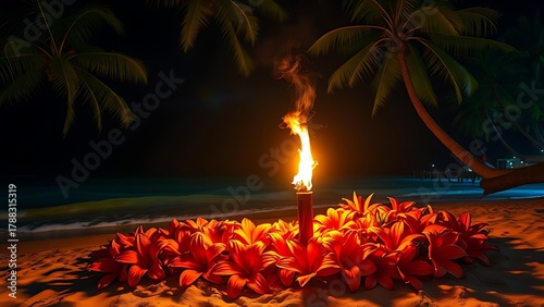 cryptogram. Tropical flowers and a flickering torch on a night beach. lifestyle magazines, social media lookbooks, designed for influencer and brand collaborations, drives engagement.