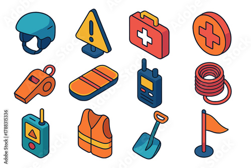 Ski Safety Icons. Ski Safety modern flat icons set: helmet, warning sign, first aid kit, ski patrol cross, whistle, rescue sled, walkie-talkie, rope, avalanche beacon, safety vest,