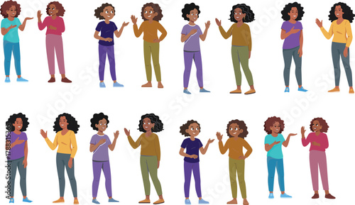 Two smiling women talking and greeting each other, friendly communication between friends, casual conversation illustration with cheerful expressions and gestures