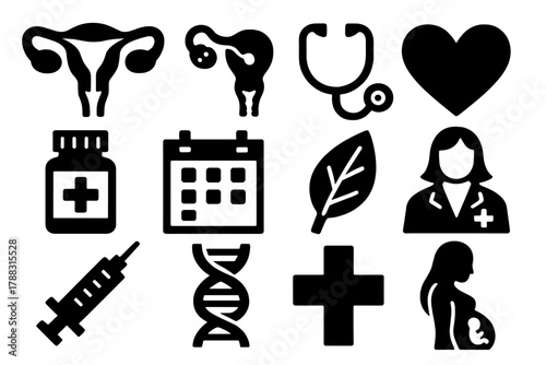 Brutalist Health Icons. Women’s Health silhouette icon set: uterus, ovary, stethoscope, heart, vitamin bottle, calendar, leaf, doctor, syringe, DNA strand, medical cross, pregnancy