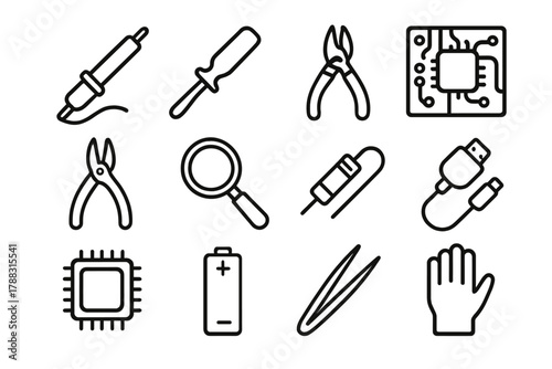 Electronic Repair Icons. Electronic Repairs linear icon set: soldering iron, screwdriver, wire cutter, circuit board, pliers, magnifier, resistor, cable, microchip, battery,